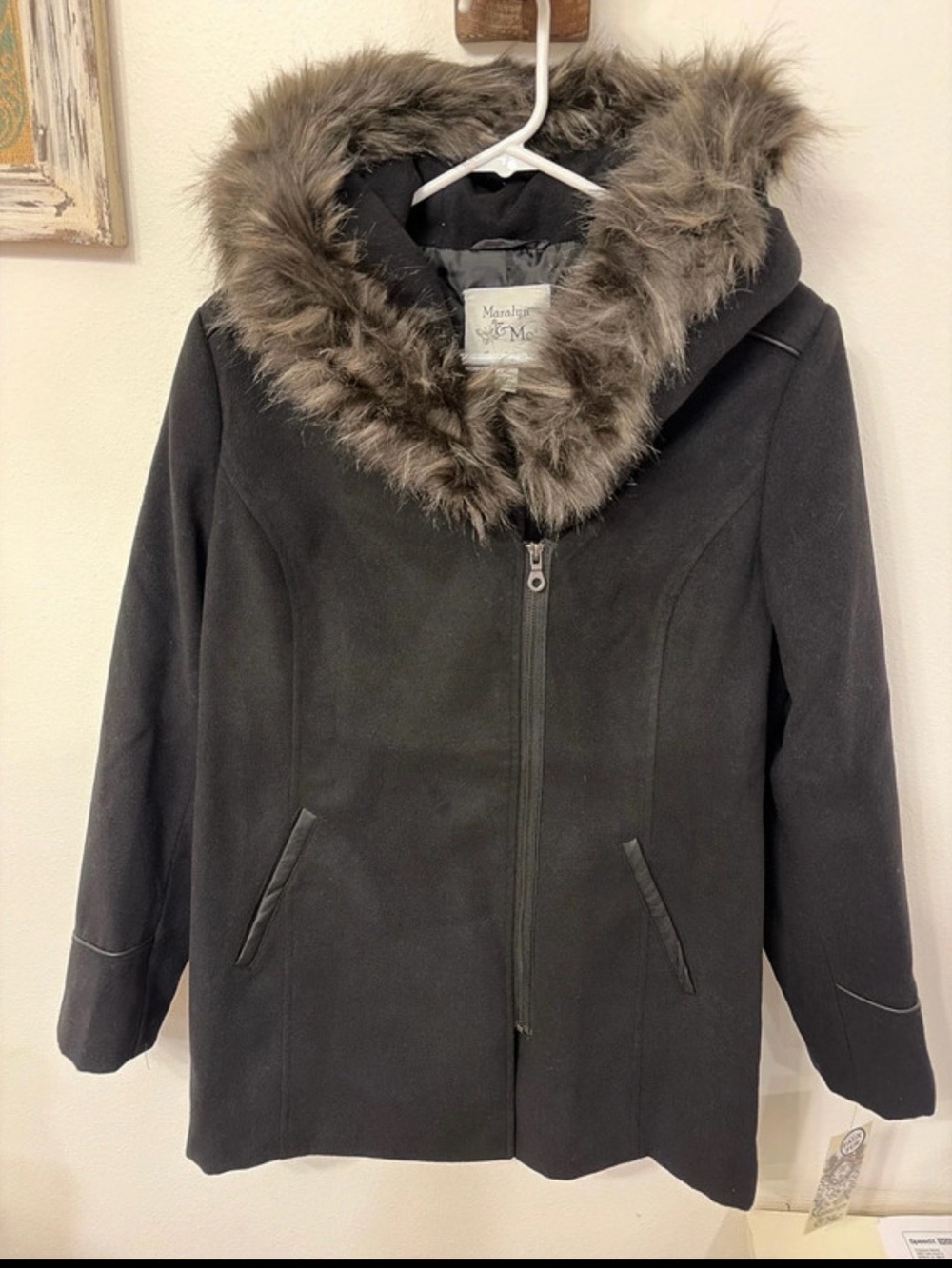 Maralyn & Me Black Hooded Puffer Coat with Faux-Fur Trim